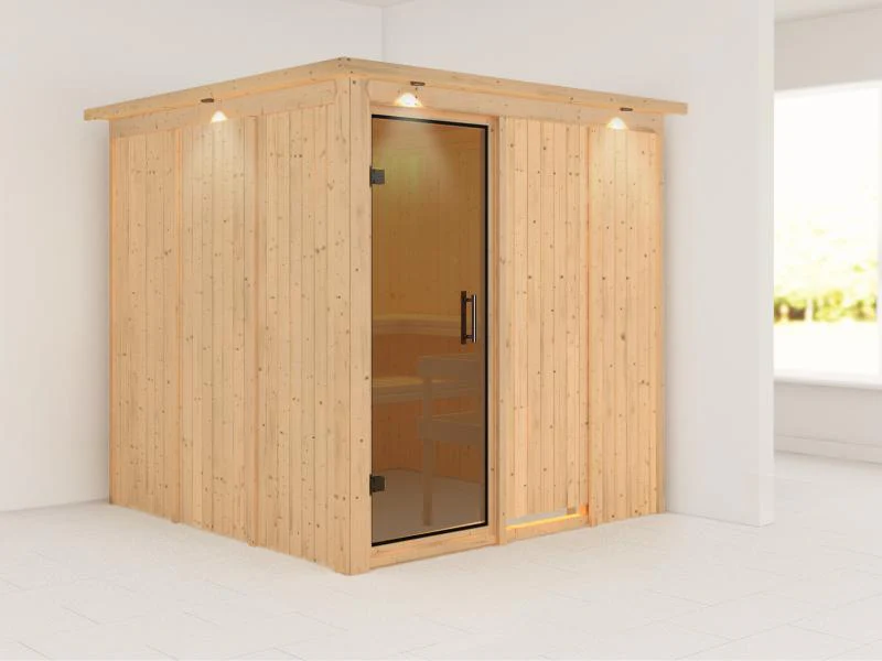 Karibu Sauna Rodin ohne Ofen, mit Dachkranz, mit moderner Saunatür - Image 4