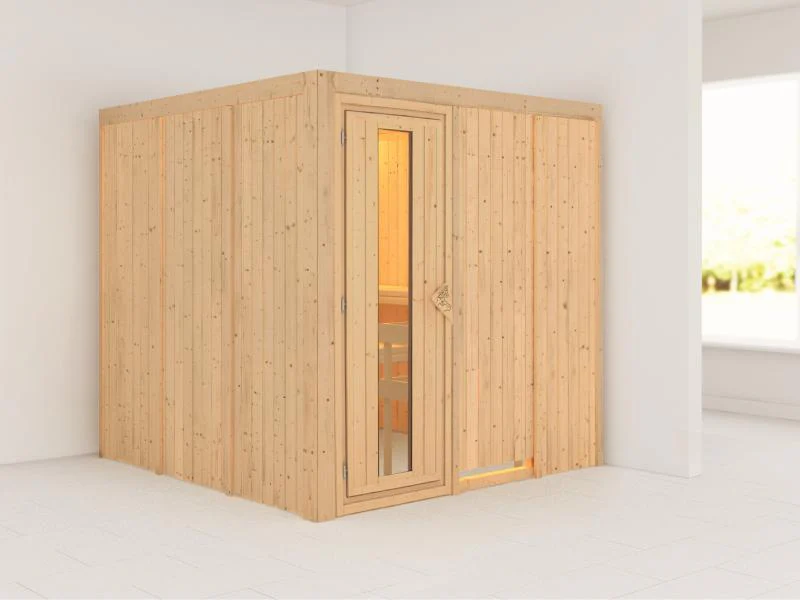Karibu Sauna Rodin ohne Ofen, ohne Dachkranz, mit energiesparender Saunatür