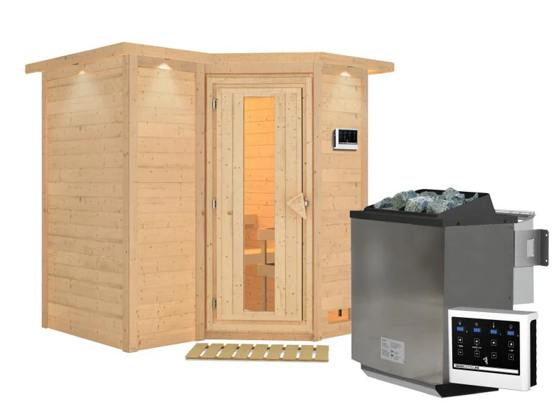 Karibu Sauna Sahib 1 inkl. 9 kW Bioofen ext. Steuerung, mit energiesparender Saunatür -mit Dachkranz - Image 2