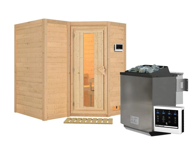 Karibu Sauna Sahib 1 inkl. 9 kW Bioofen ext. Steuerung, mit energiesparender Saunatür -ohne Dachkran - Image 2