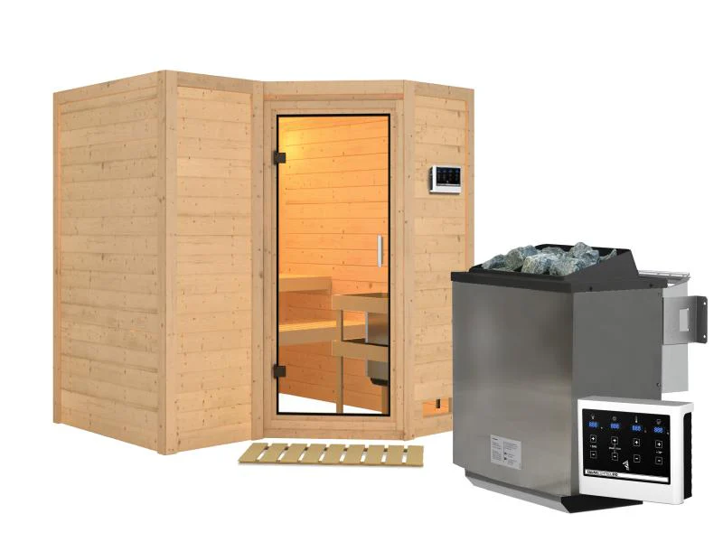 Karibu Sauna Sahib 1 inkl. 9 kW Bioofen ext. Steuerung, mit Klarglas-Ganzglastür - ohne Dachkranz- - Image 2