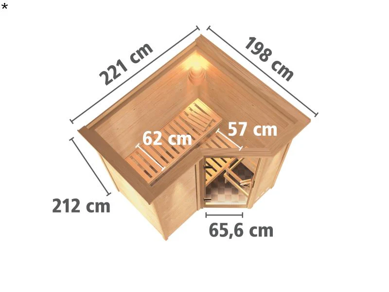 Karibu Sauna Sahib 1 inkl. 9 kW Bioofen ext. Steuerung, mit klassischer Saunatür -mit Dachkranz- - Image 3