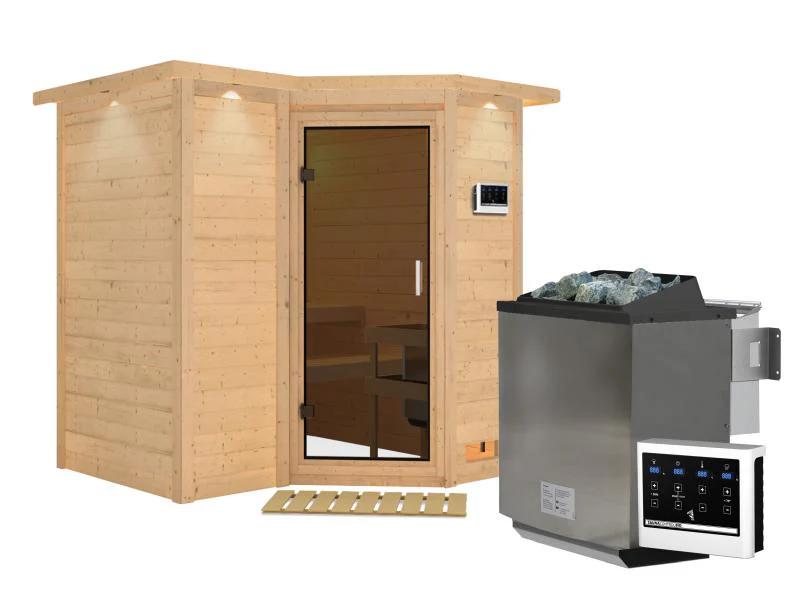 Karibu Sauna Sahib 1 inkl. 9 kW Bioofen ext. Steuerung, mit moderner Saunatür -mit Dachkranz- - Image 2