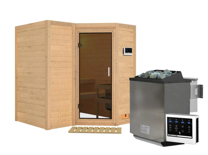 Karibu Sauna Sahib 1 inkl. 9 kW Bioofen ext. Steuerung, mit moderner Saunatür -ohne Dachkranz- - Image 2