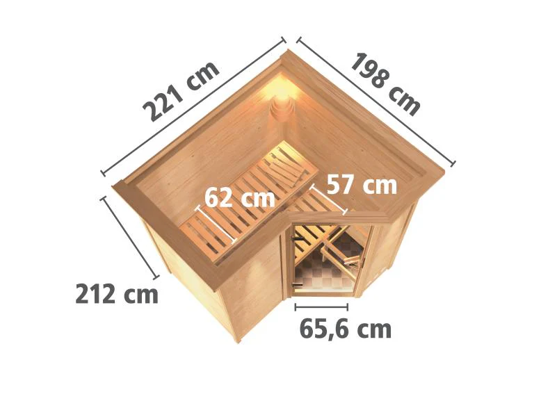 Karibu Sauna Sahib 1 inkl. 9 kW Bioofen mit ext. Steuerung, mit Klarglas-Ganzglastür -mit Dachkranz- - Image 3