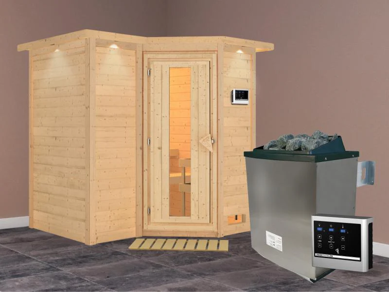 Karibu Sauna Sahib 1 inkl. 9 kW Ofen ext. Steuerung, mit energiesparender Saunatür -mit Dachkranz- - Image 2
