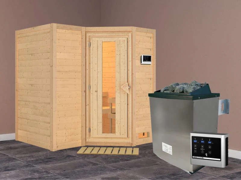 Karibu Sauna Sahib 1 inkl. 9 kW Ofen ext. Steuerung, mit energiesparender Saunatür -ohne Dachkranz- - Image 2