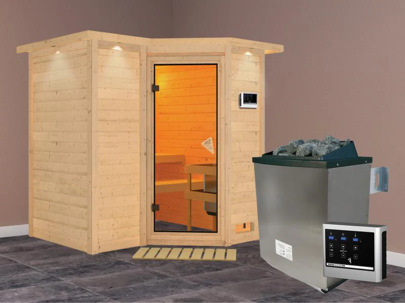 Karibu Sauna Sahib 1 inkl. 9 kW Ofen ext. Steuerung, mit klassischer Saunatür -mit Dachkranz- - Image 2