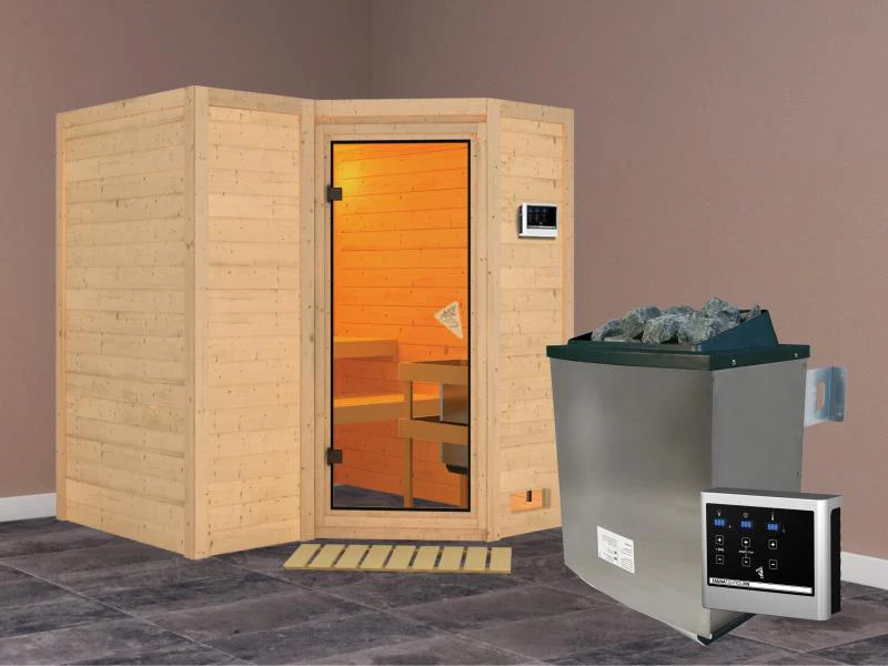 Karibu Sauna Sahib 1 inkl. 9 kW Ofen ext. Steuerung, mit klassischer Saunatür -ohne Dachkranz- - Image 2