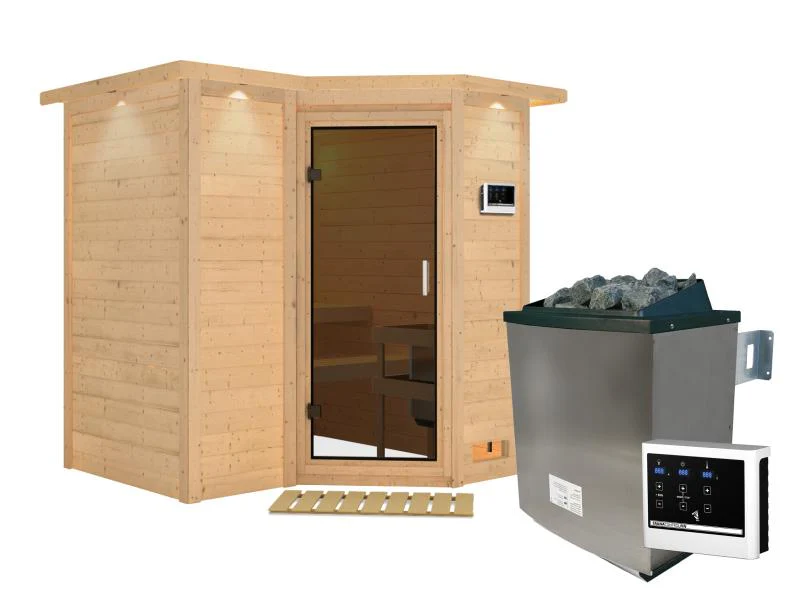 Karibu Sauna Sahib 1 inkl. 9 kW Ofen ext. Steuerung, mit moderner Saunatür, -mit Dachkranz- - Image 2