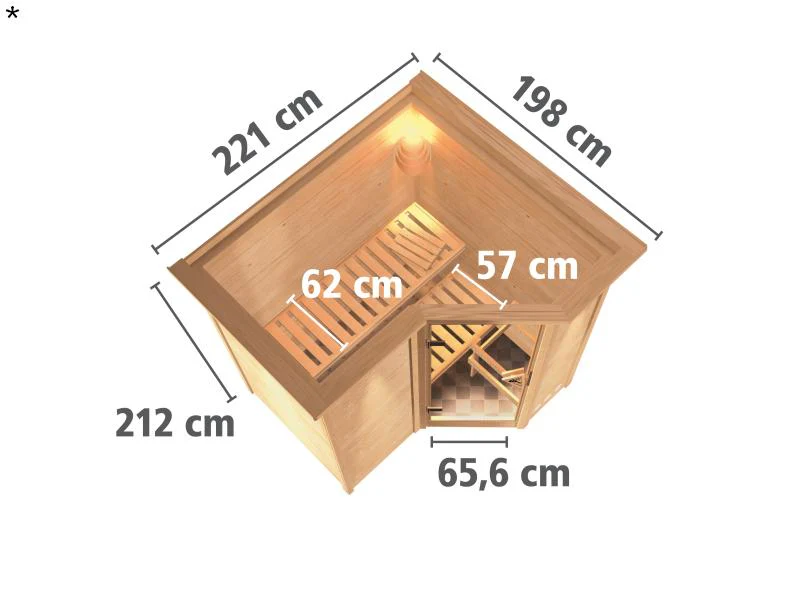 Karibu Sauna Sahib 1 inkl. 9 kW Ofen ext. Steuerung, mit moderner Saunatür, -mit Dachkranz- - Image 3