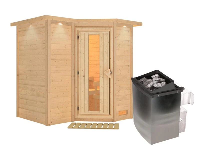 Karibu Sauna Sahib 1 inkl. 9 kW Ofen integr. Steuerung, mit energiesparender Saunatür -mit Dachkranz - Image 2