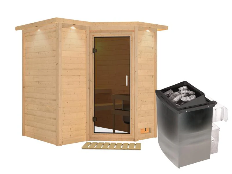 Karibu Sauna Sahib 1 inkl. 9 kW Ofen integr. Steuerung, mit moderner Saunatür -mit Dachkranz- - Image 2