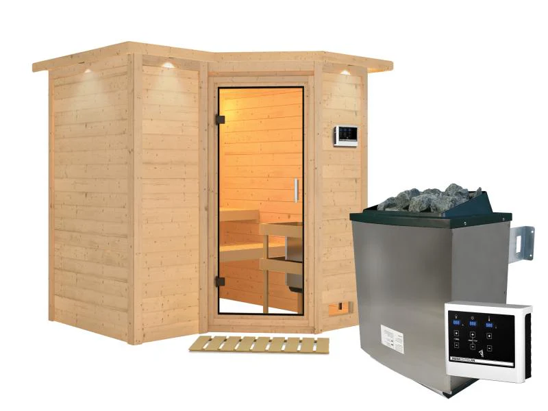 Karibu Sauna Sahib 1 inkl. 9 kW Ofen mit ext. Steuerung, mit Klarglas-Ganzglastür -mit Dachkranz- - Image 2