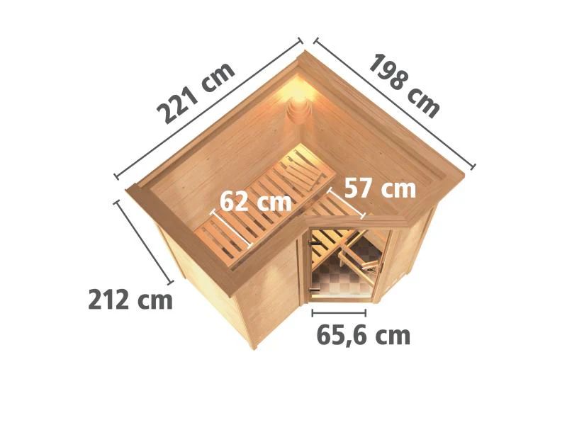 Karibu Sauna Sahib 1 inkl. 9 kW Ofen mit ext. Steuerung, mit Klarglas-Ganzglastür -mit Dachkranz- - Image 3