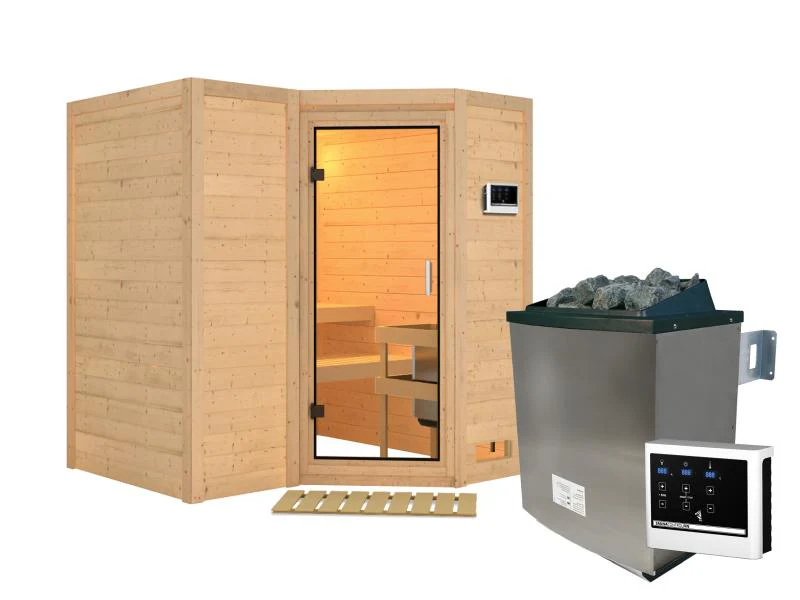 Karibu Sauna Sahib 1 inkl. 9 kW Ofen mit ext. Steuerung, mit Klarglas-Ganzglastür -ohne Dachkranz- - Image 2