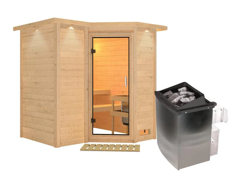 Karibu Sauna Sahib 1 inkl. 9 kW Ofen mit integr. Steuerung, mit Klarglas-Ganzglastür -mit Dachkranz- - Image 2