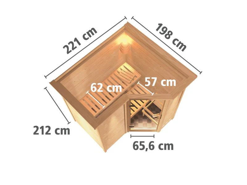 Karibu Sauna Sahib 1 inkl. 9 kW Ofen mit integr. Steuerung, mit Klarglas-Ganzglastür -mit Dachkranz- - Image 3