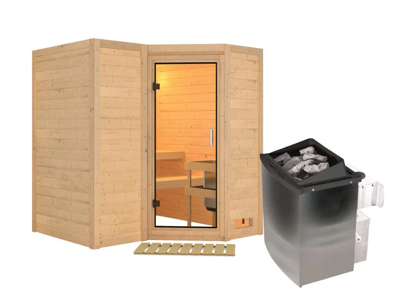 Karibu Sauna Sahib 1 inkl. 9 kW Ofen mit integr. Steuerung, mit Klarglas-Ganzglastür -ohne Dachkranz - Image 2