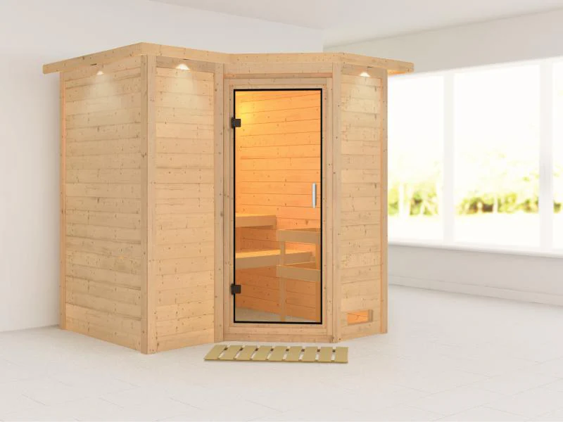 Karibu Sauna Sahib 1 ohne Ofen, mit Klarglas-Ganzglastür -mit Dachkranz- - Image 4