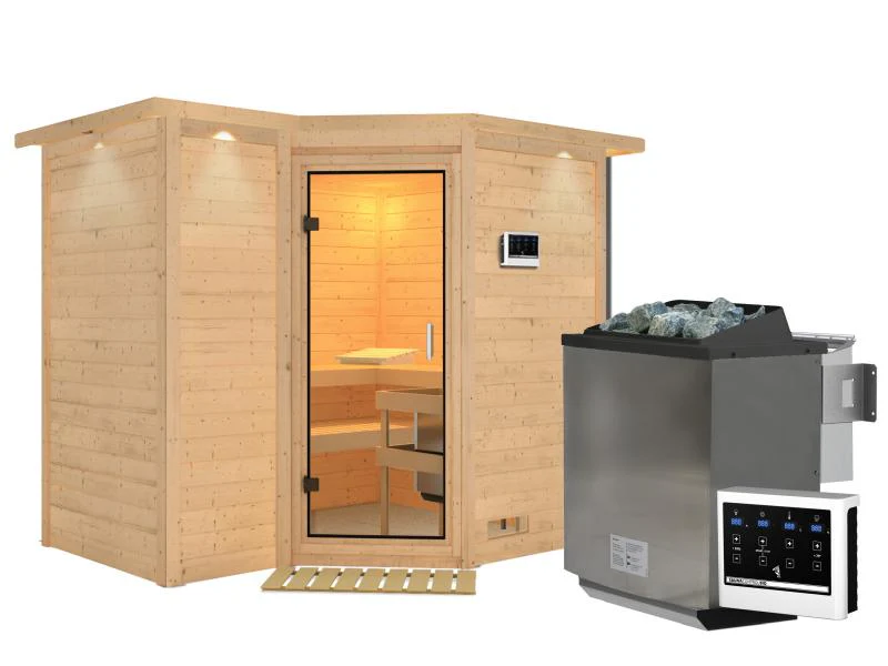 Karibu Sauna Sahib 2 inkl. 9 kW Bio Ofen mit ext. Steuerung, mit Dachkranz, mit Klarglas Ganzglastür - Image 2