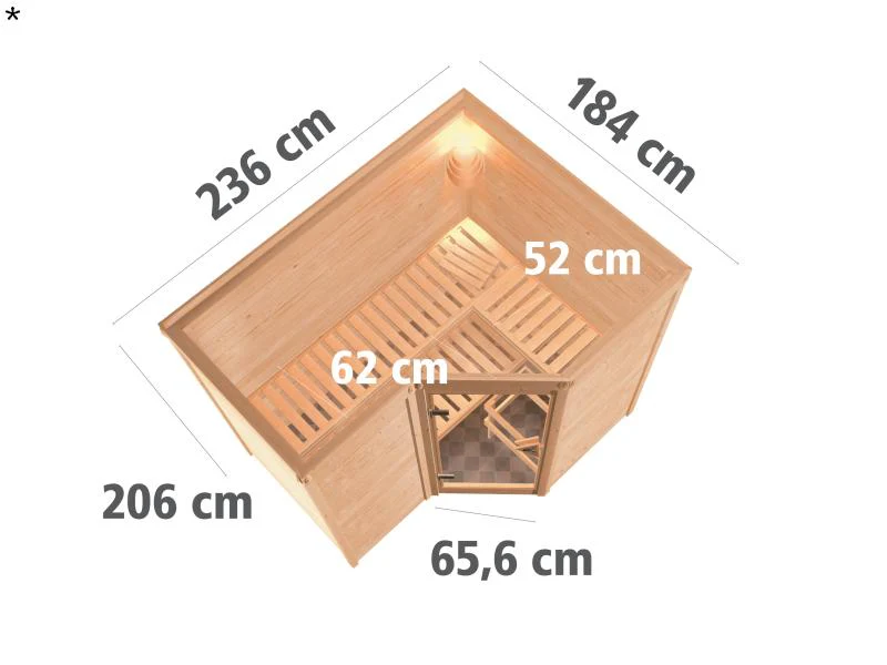Karibu Sauna Sahib 2 inkl. 9 kW Bio Ofen mit ext. Steuerung, ohne Dachkranz, mit Klarglas Ganzglastü - Image 3