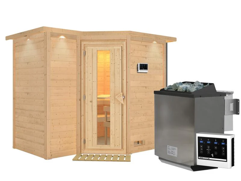 Karibu Sauna Sahib 2 inkl. 9-kW-Bioofen mit externer Steuerung, mit Dachkranz, mit energiesparender - Image 2