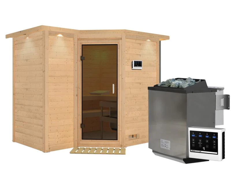 Karibu Sauna Sahib 2 inkl. 9-kW-Bioofen mit externer Steuerung, mit Dachkranz, mit moderner Saunatür - Image 2