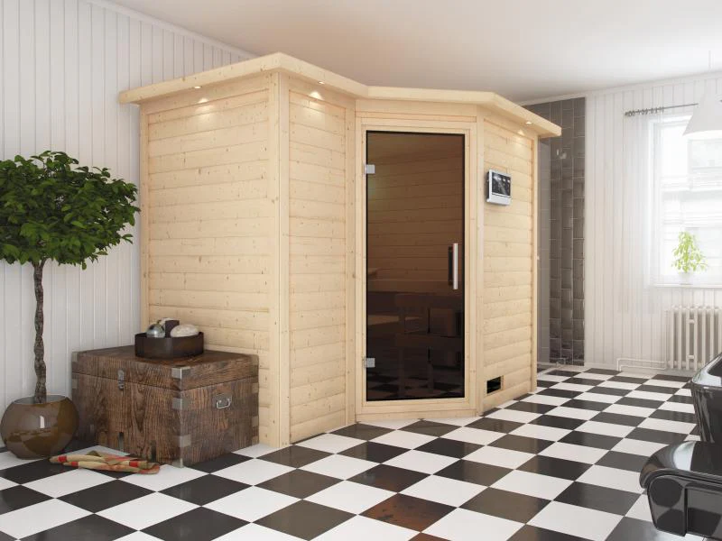 Karibu Sauna Sahib 2 inkl. 9-kW-Bioofen mit externer Steuerung, mit Dachkranz, mit moderner Saunatür - Image 4