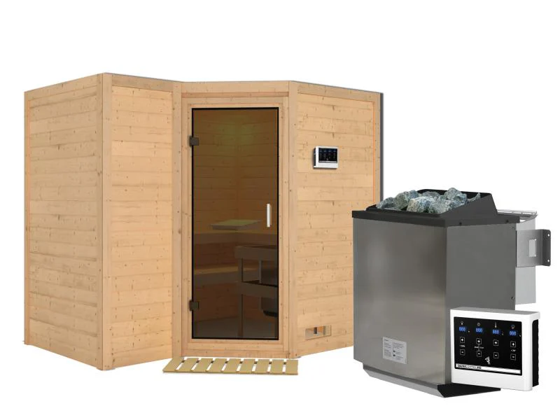 Karibu Sauna Sahib 2 inkl. 9-kW-Bioofen mit externer Steuerung, ohne Dachkranz, mit moderner Saunatü - Image 2