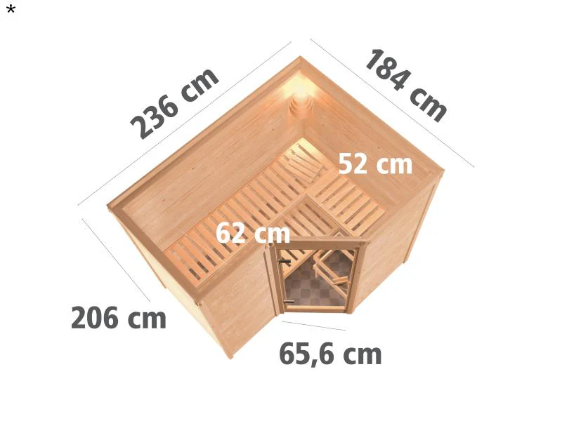 Karibu Sauna Sahib 2 inkl. 9-kW-Bioofen mit externer Steuerung, ohne Dachkranz, mit moderner Saunatü - Image 3