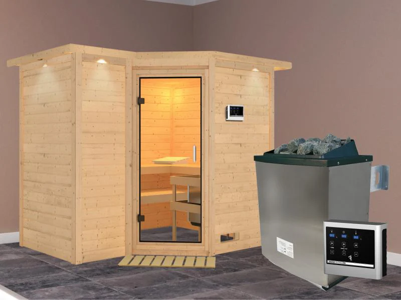 Karibu Sauna Sahib 2 inkl. 9 kW Ofen mit ext. Steuerung, mit Dachkranz, mit Klarglas Ganzglastür - Image 2