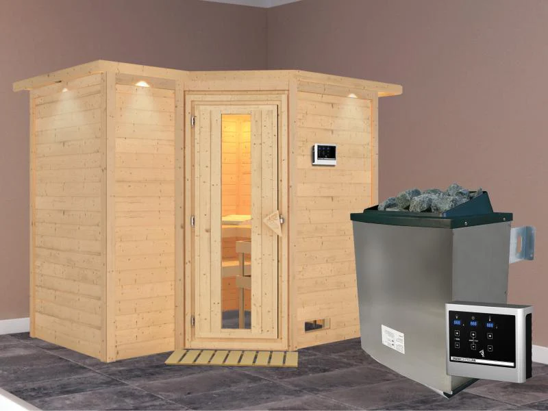 Karibu Sauna Sahib 2 inkl. 9-kW-Ofen mit externer Steuerung, mit Dachkranz, mit energiesparender Sau - Image 2