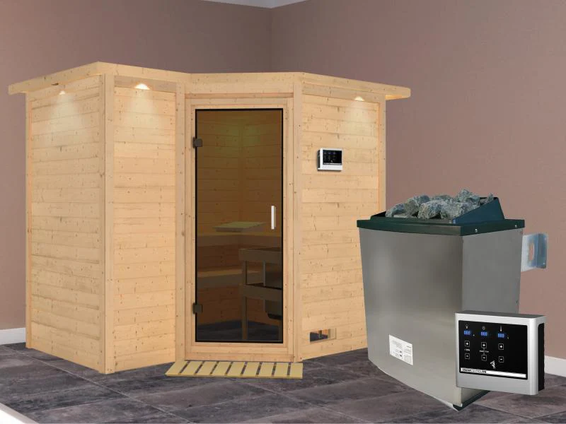 Karibu Sauna Sahib 2 inkl. 9-kW-Ofen mit externer Steuerung, mit Dachkranz, mit moderner Saunatür - Image 2