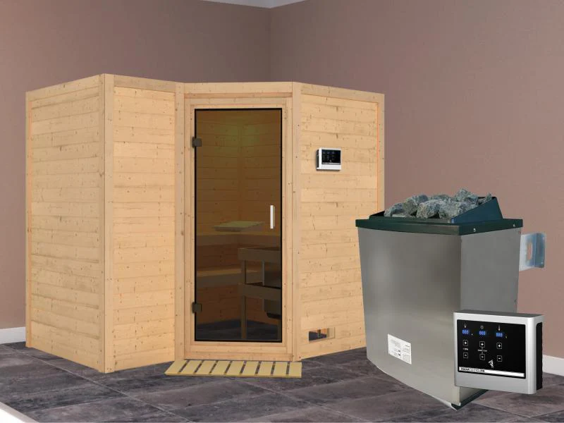 Karibu Sauna Sahib 2 inkl. 9-kW-Ofen mit externer Steuerung, ohne Dachkranz, mit moderne Saunatür - Image 2