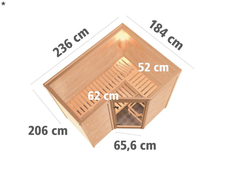 Karibu Sauna Sahib 2 inkl. 9-kW-Ofen mit externer Steuerung, ohne Dachkranz, mit moderne Saunatür - Image 3