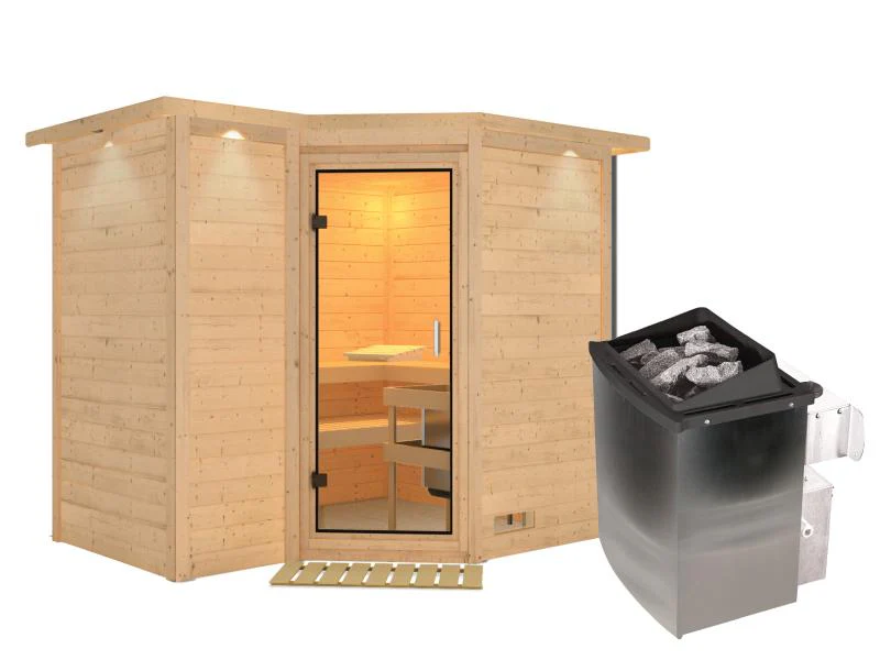 Karibu Sauna Sahib 2 inkl. 9 kW Ofen mit int. Steuerung, mit Dachkranz, mit Klarglas Ganzglastür - Image 2