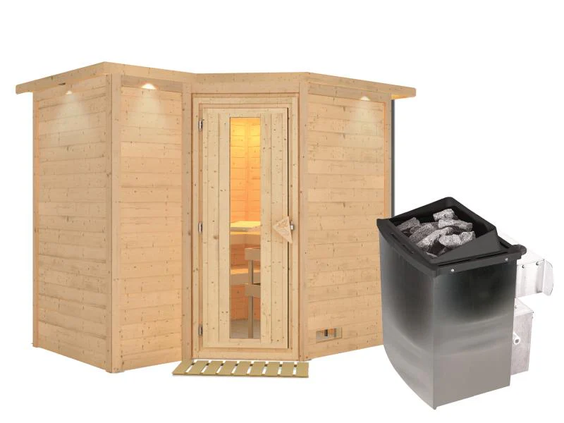 Karibu Sauna Sahib 2 inkl. 9-kW-Ofen mit interner Steuerung, mit Dachkranz, mit energiesparender Sau - Image 2