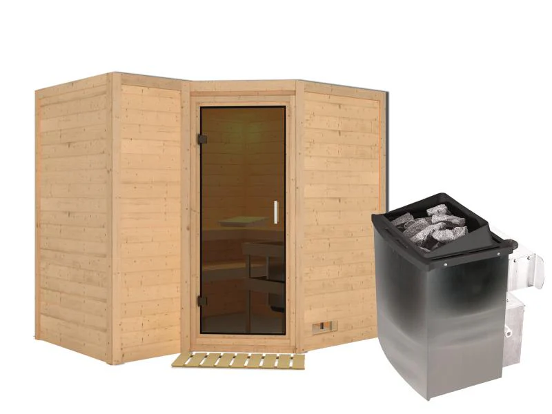 Karibu Sauna Sahib 2 inkl. 9-kW-Ofen mit interner Steuerung, ohne Dachkranz, mit moderner Saunatür - Image 2