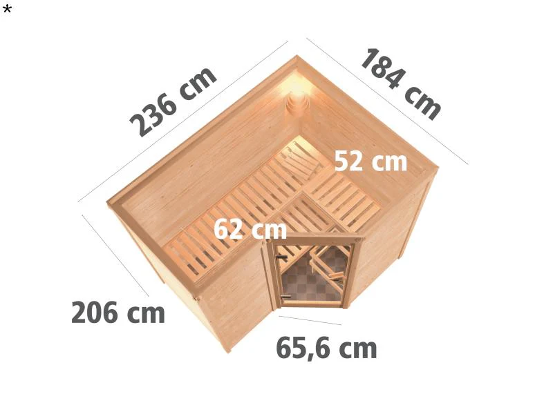 Karibu Sauna Sahib 2 inkl. 9-kW-Ofen mit interner Steuerung, ohne Dachkranz, mit moderner Saunatür - Image 3