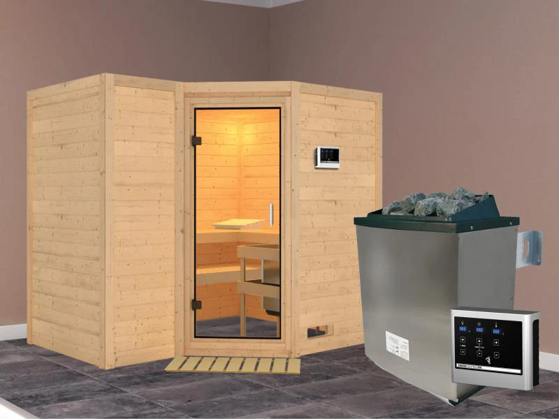 Karibu Sauna Sahib 2 inkl. Ofen mit ext. Steuerung, ohne Dachkranz, mit Klarglas Ganzglastür - Image 2