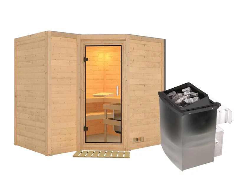 Karibu Sauna Sahib 2 inkl. Ofen mit int. Steuerung, ohne Dachkranz, mit Klarglas Ganzglastür - Image 2