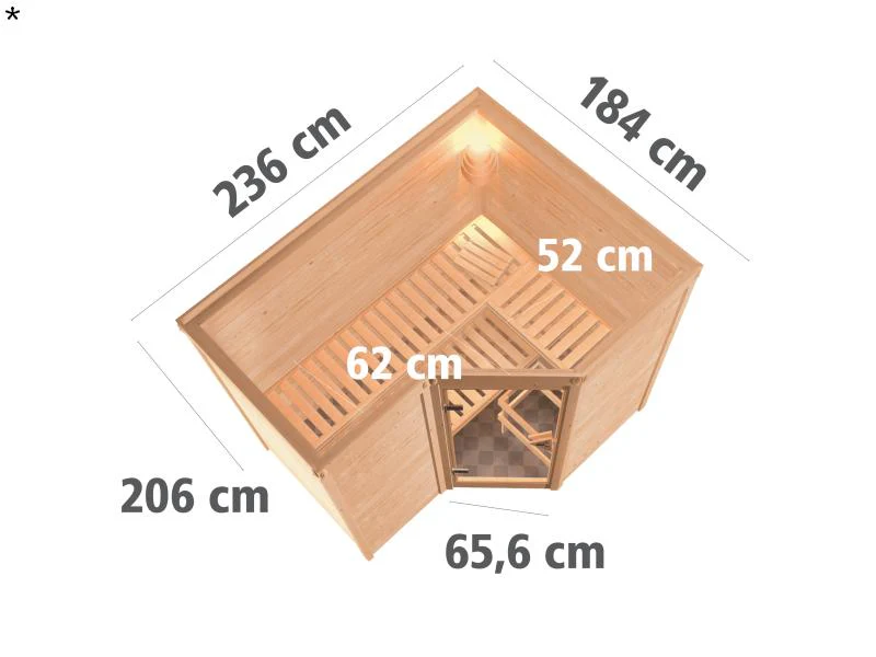 Karibu Sauna Sahib 2 inkl. Ofen mit int. Steuerung, ohne Dachkranz, mit Klarglas Ganzglastür - Image 3