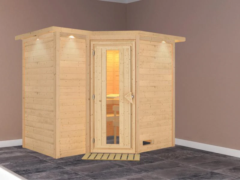 Karibu Sauna Sahib 2 ohne Ofen, mit Dachkranz, mit energiesparender Saunatür - Image 2
