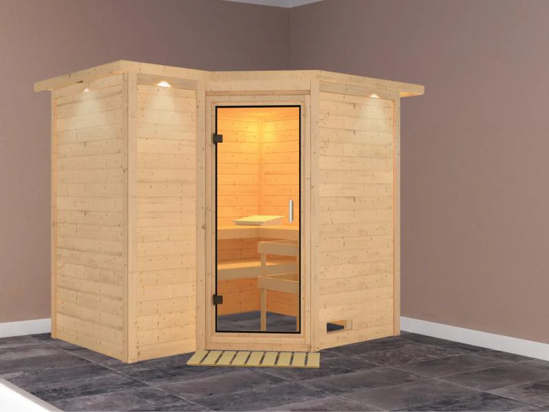 Karibu Sauna Sahib 2 ohne Ofen, mit Dachkranz, mit Klarglas Ganzglastür - Image 2