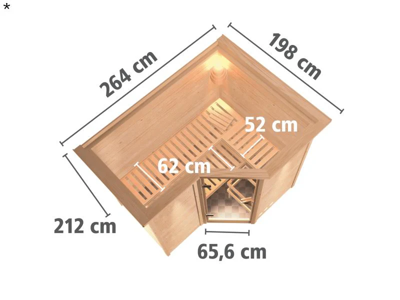 Karibu Sauna Sahib 2 ohne Ofen, mit Dachkranz, mit moderner Saunatür - Image 3