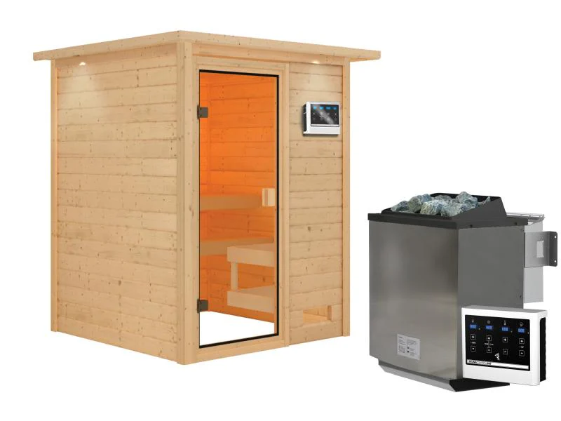 Karibu Sauna Sandra inkl. 9 kW Bioofen ext. Strg mit klassischer Saunatür -mit Dachkranz- - Image 2