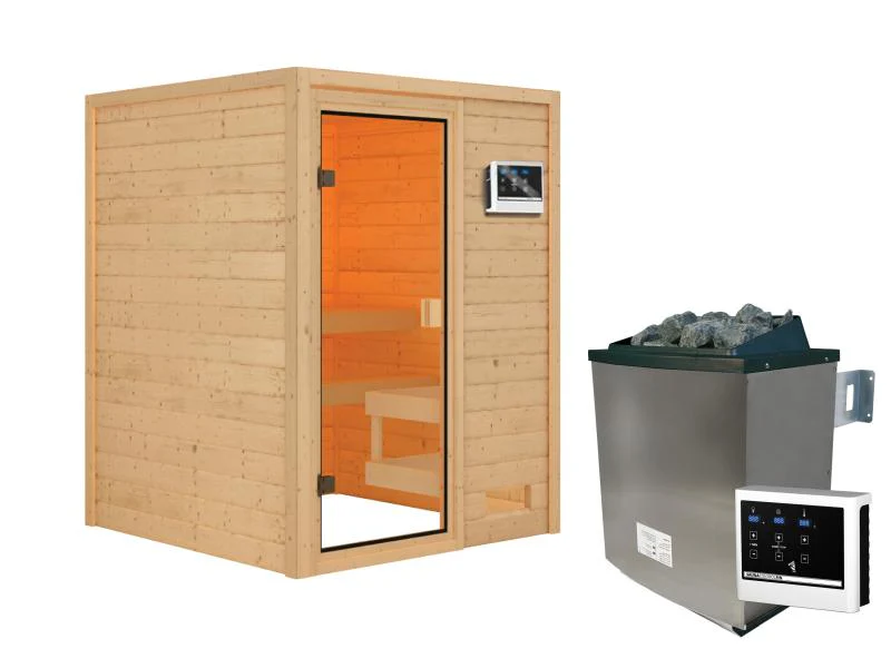 Karibu Sauna Sandra inkl. 9 kW Ofen ext. Steuerung, mit klassicher Tür -ohne Dachkranz- - Image 2