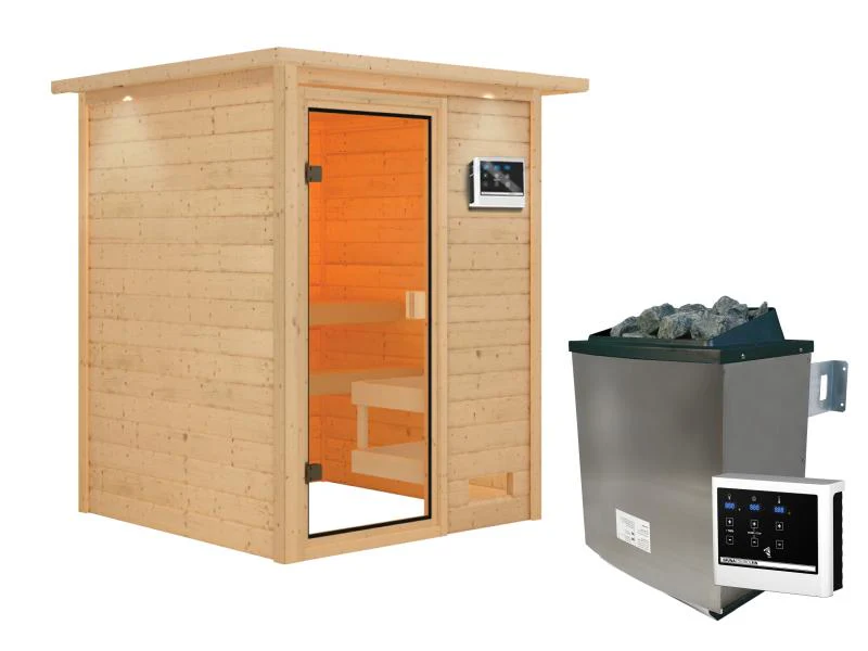 Karibu Sauna Sandra inkl. 9 kW Ofen ext. Steuerung mit klassischer Saunatür -mit Dachkranz- - Image 2