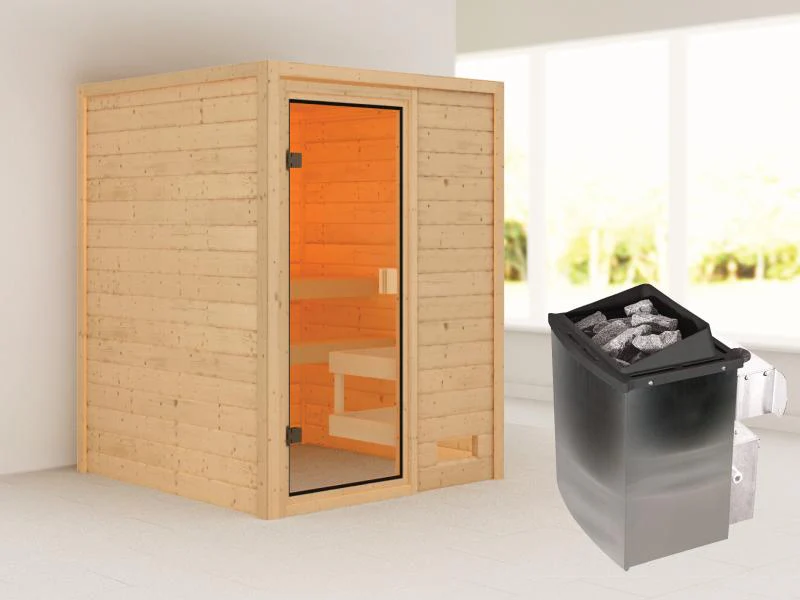 Karibu Sauna Sandra inkl. 9 kW Ofen integr. Steuerung mit klassischer Saunatür -ohne Dachkranz-